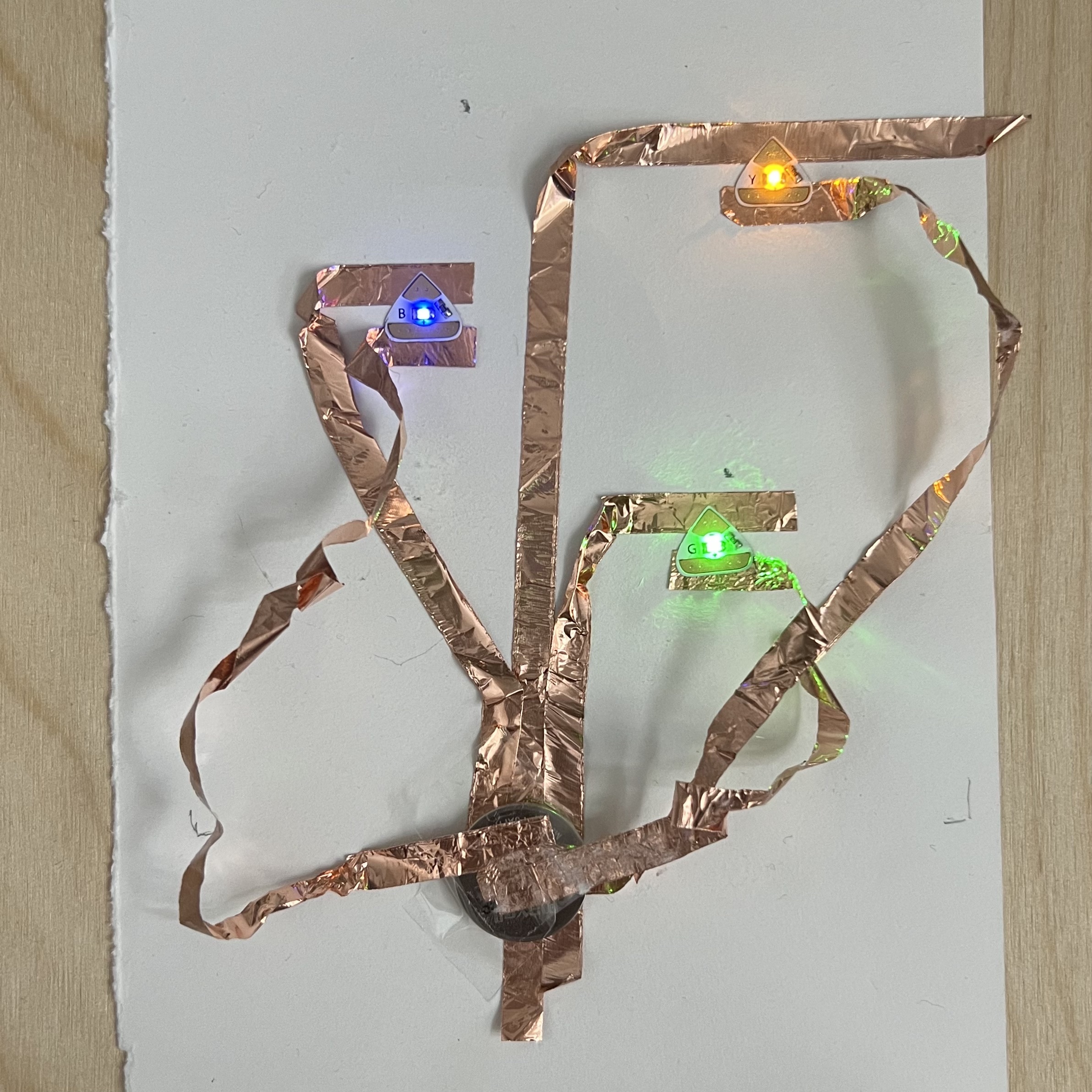 Circuit made using copper tape, LED ligths, battery and a paper base