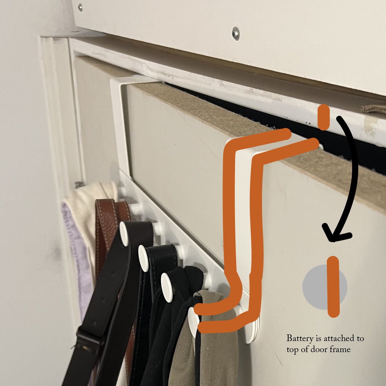 Illustration of a circuit built on the over the door hanger that has LED light on the end hook