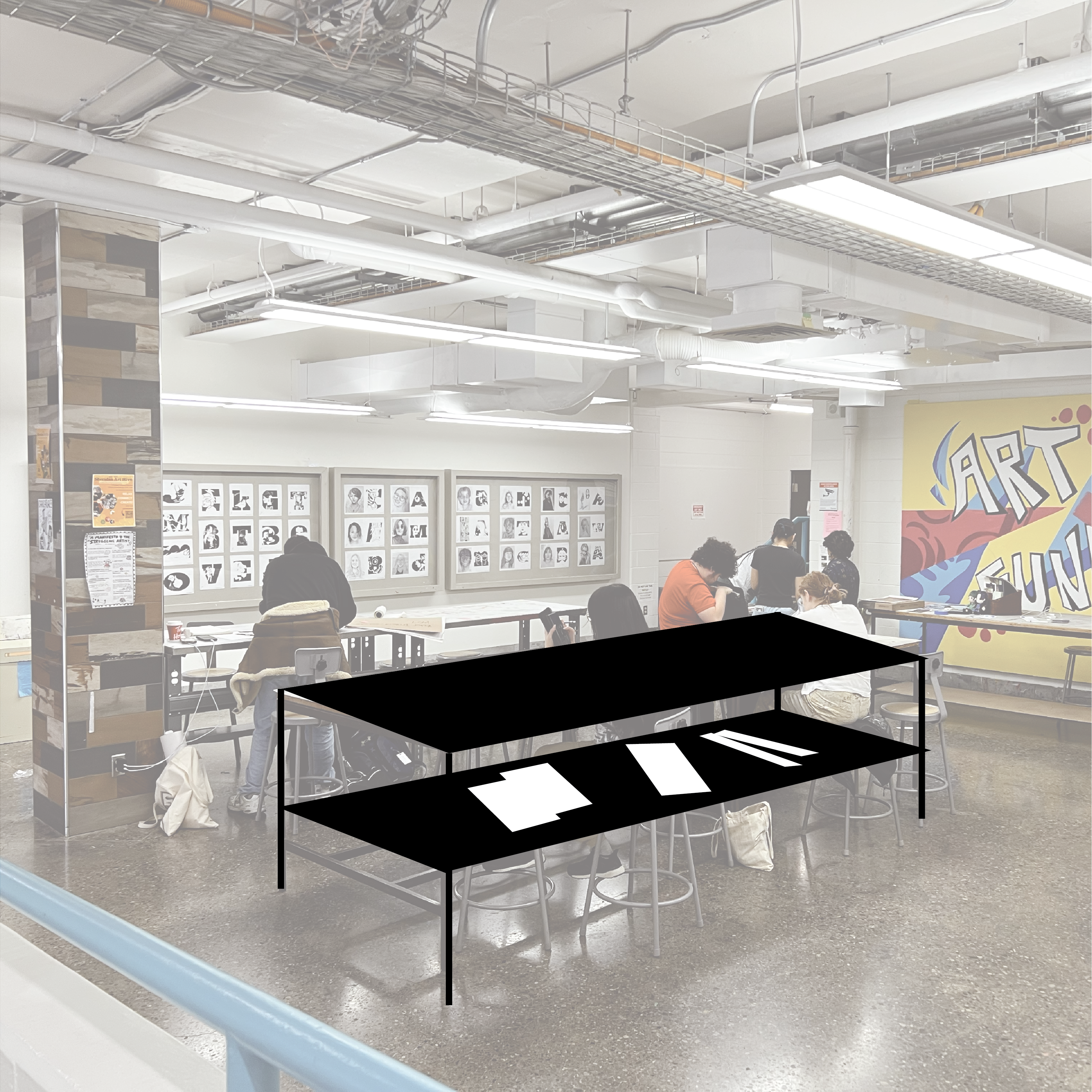 In the illustration wing the table can be re-designed so that there is 
      another shelf that can be used for storage. Materials would be off the table and students can do their work in a clutter free table space.