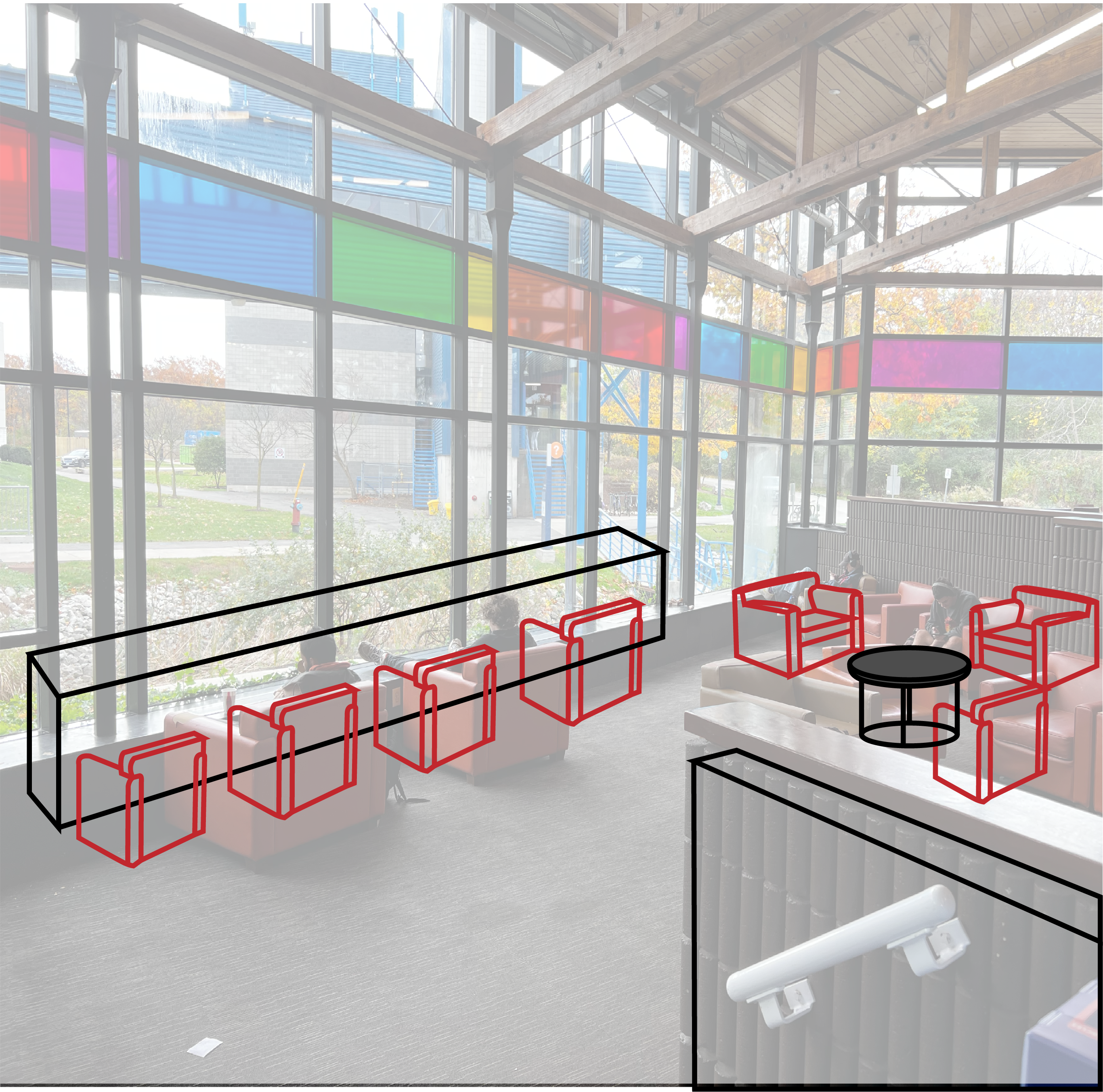 In the cafeteria there is a separate space that has couches for students to
      relax in. The current space is not utilized and the chairs are scattered. People put their feet up on the ledge and there are no tables to eat on so the same ledge 
      is used for eating. Adding a high rise table with high rise chairs will allow students to eat and sit while looking out the windows. Adding some coffee tables to 
      the space would organize and utilize the space better.