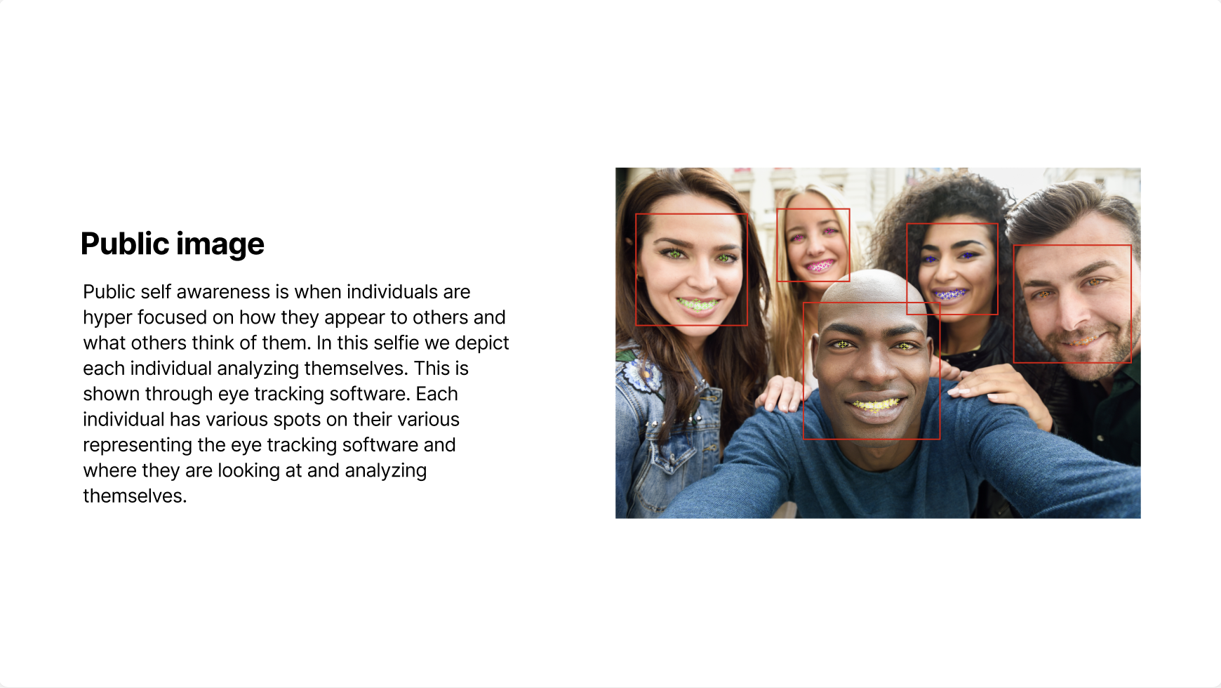 The public image selfie takes the concept of eye tracking, where it highlights every detail each person is looking at on their face. Although it is a group selfie, individuals are focused on how they appear in the camera.