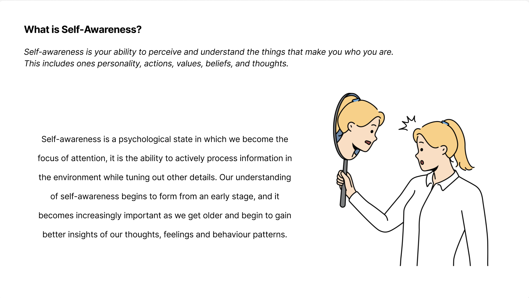 The main source for Reflexing Workshop was an article from verywellmind, where it talks about self awareness.